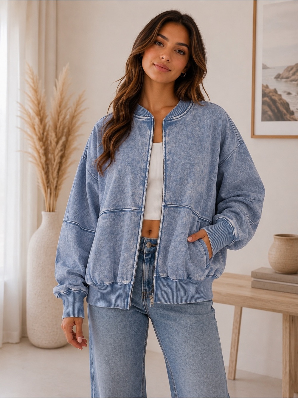 826. Women's Dusty Blue Acid Washed Fleece Jacket Front Zip